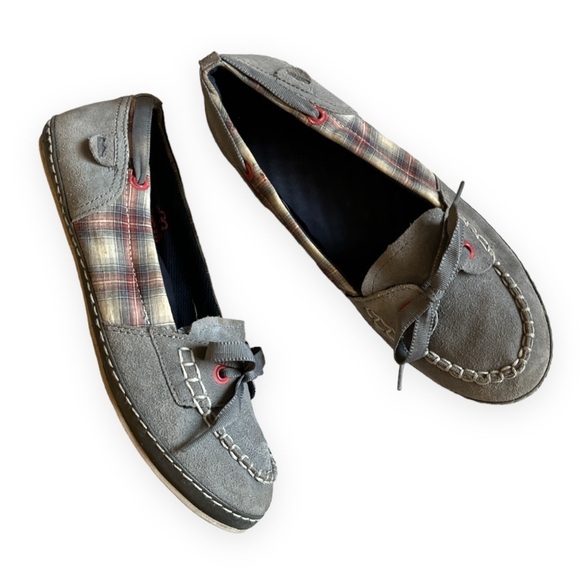 Simple Womens‎ Gray Suede Plaid Fabric Boat Shoes Sailing Flat Slip On Loafer - Picture 3 of 10